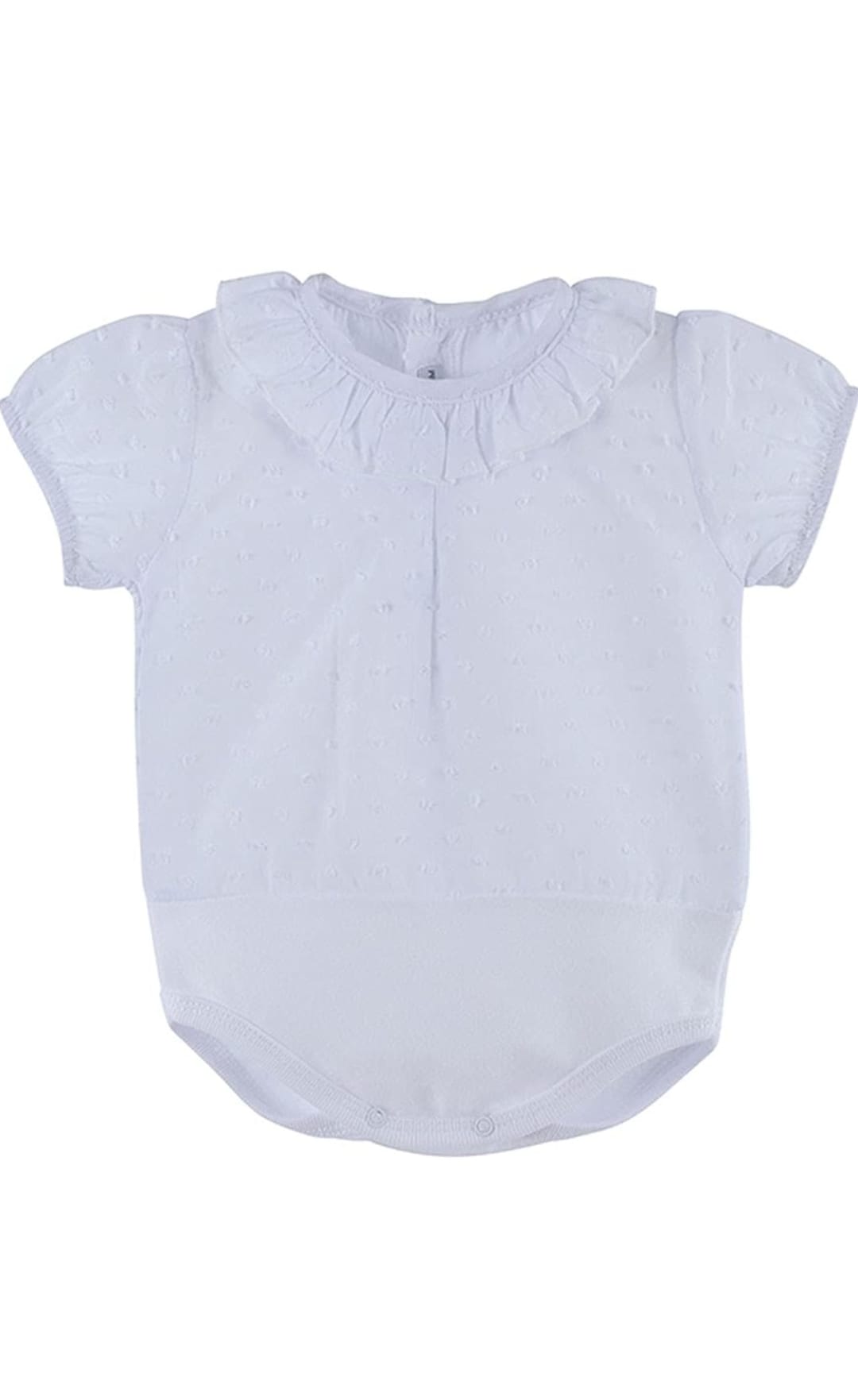 Body camisa manga corta de plumeti en color blanco cuello de volante.
