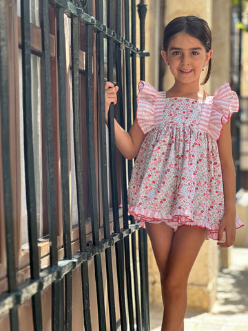 Jesusito Piccolo floral para niña con volantes rayas rosa
