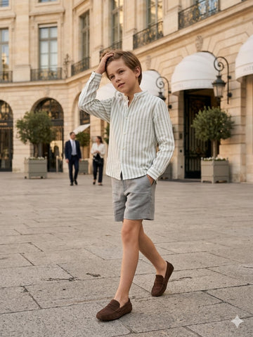 conjunto niño camisa rayas manga larga y pantalon corto verde Halo