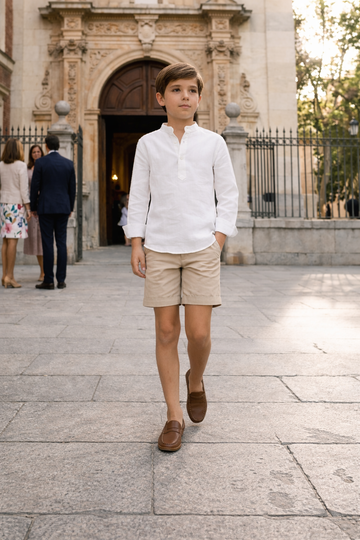 Conjunto niño Coffee camisa manga larga y pantalón corto beige