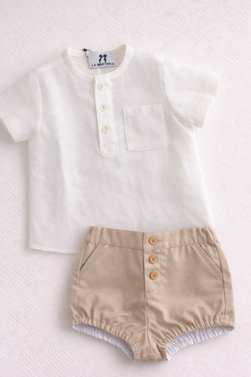 Conjunto bebé niño camisa blanca de manga corta y bombacho beige Coffee