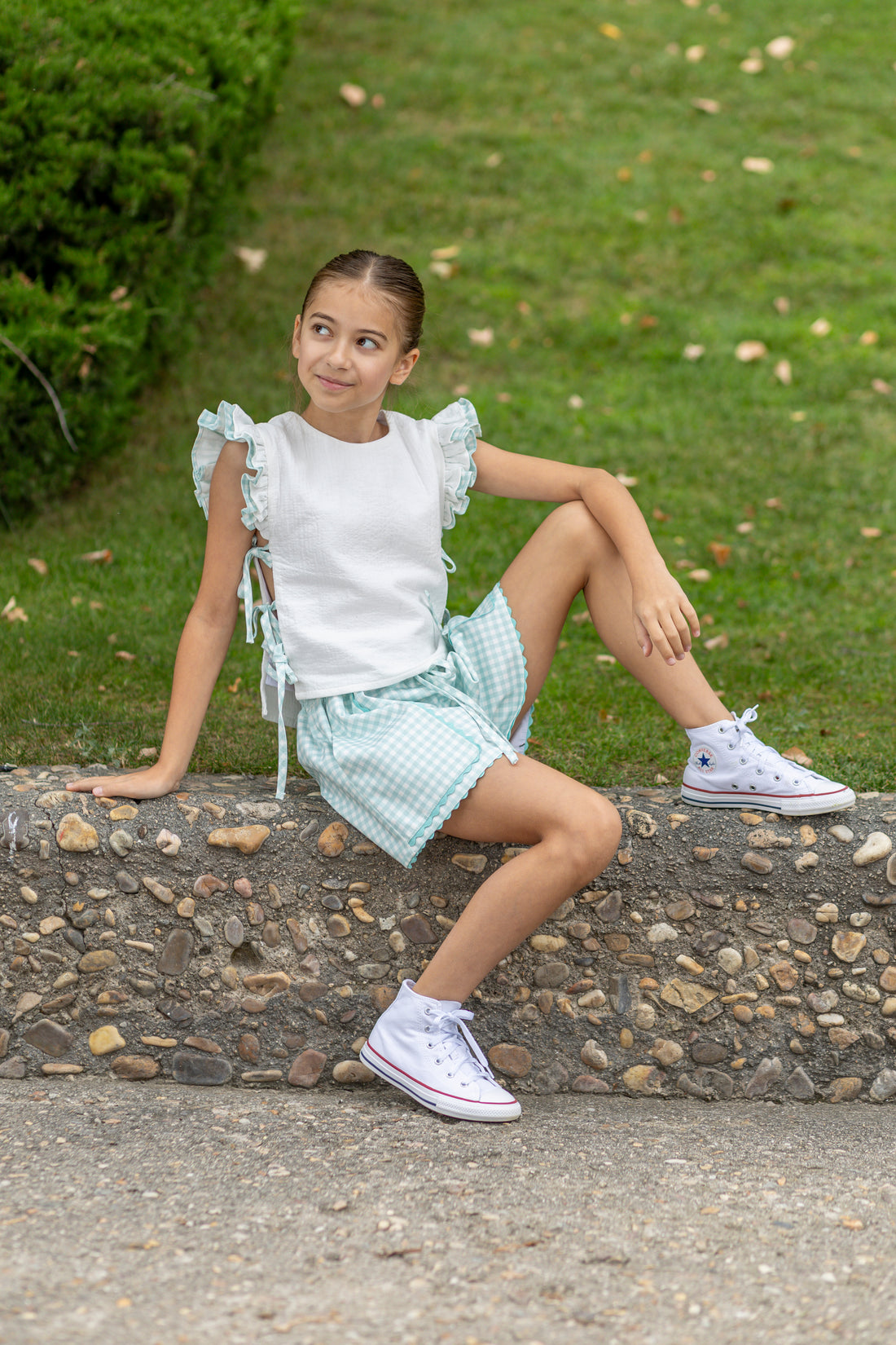 Falda pantalón vichy verde agua para niña