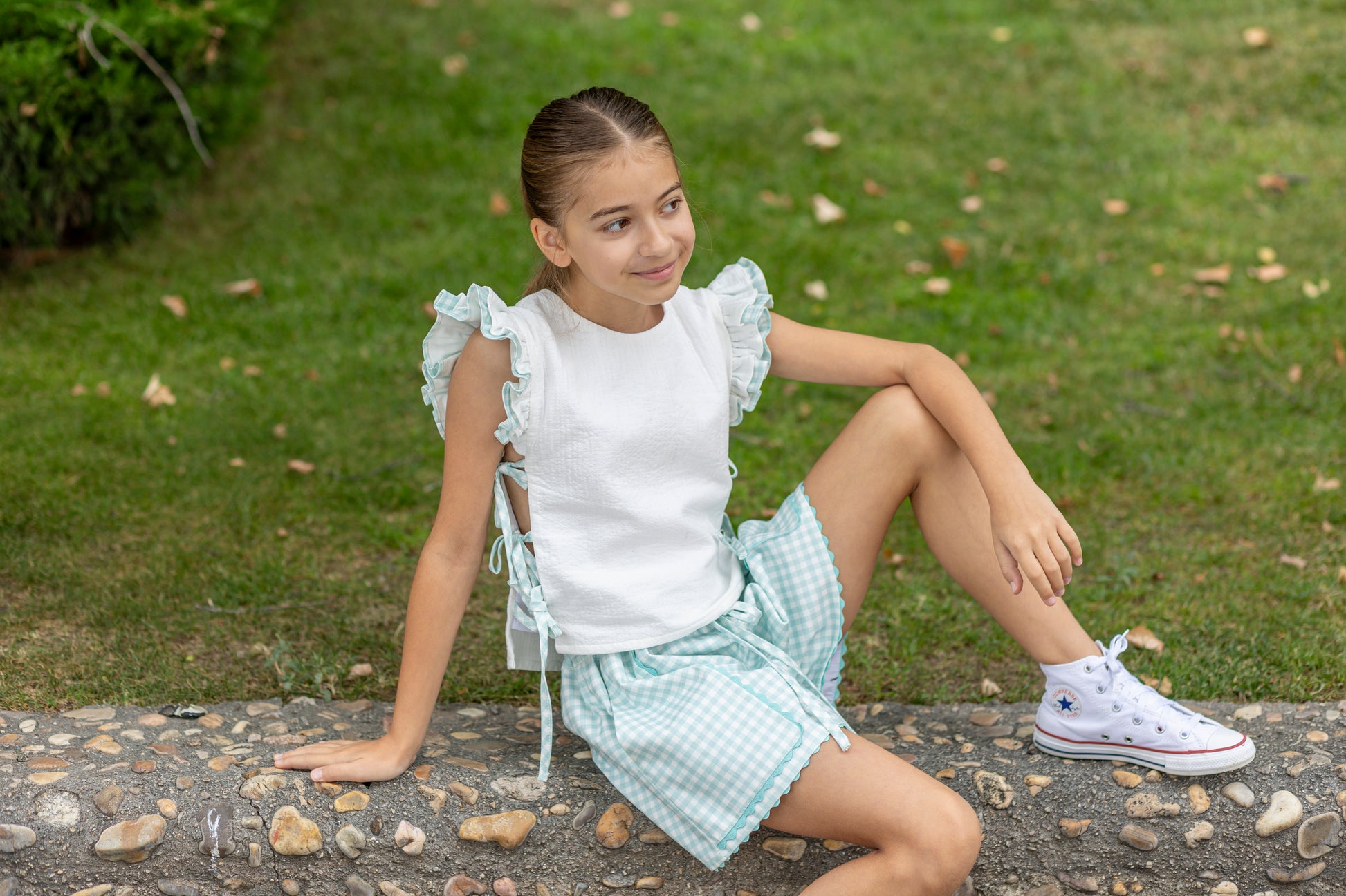 Conjunto coordinado vichy verde agua niña colección Aguasanta