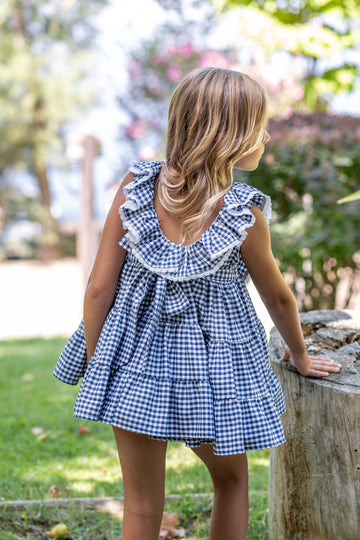 Espalda con lazada jesusito vichy azul frambuesa bebé niña