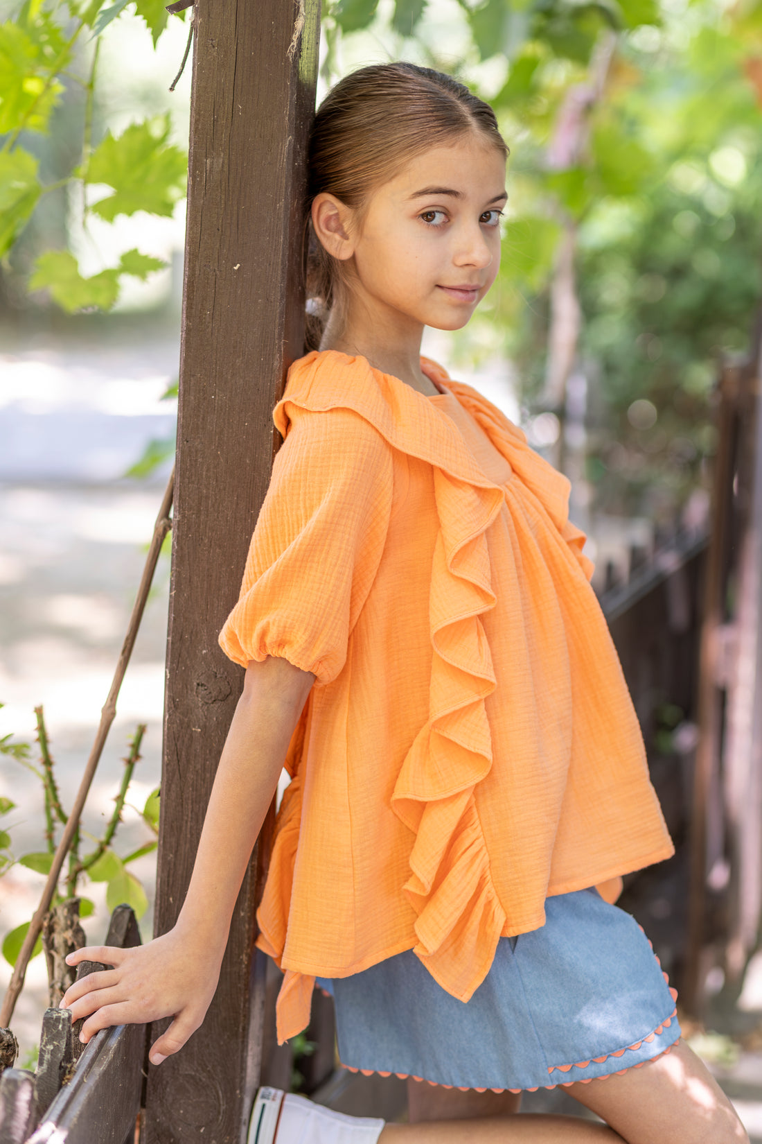 Blusa papaya para niña en bambula de algodón