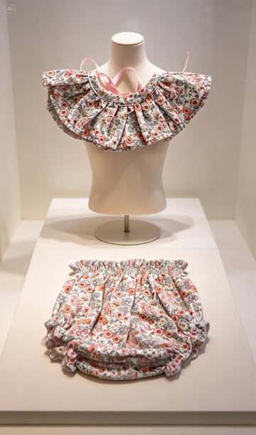 Cubrepañal + cuello flores rosa