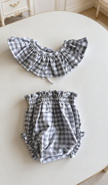 Cubrepañal + cuello Vichy gris-celeste