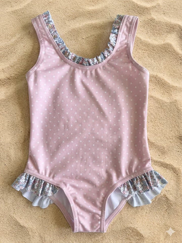 Bañador Peonía Rosa Empolvado con Volantes Liberty para Niña