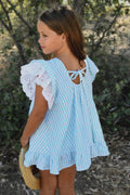 Vestido Rubiel de Boetie kid a rayas verde agua y blanco con manguita rematada en tira bordada