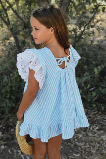 Vestido Rubiel de Boetie kid a rayas verde agua y blanco con manguita rematada en tira bordada