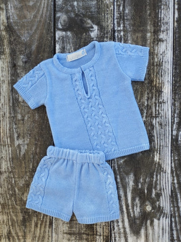 Conjunto de hilo para bebe, jersey de manga corta con ternzas en el delantero y pantalon corto con cintura elástica a juego